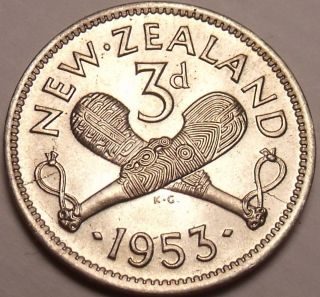 Gem Unc Silver Zealand 1953 3 Pence Crossed Patu 1st Year Ever This Type F/s photo