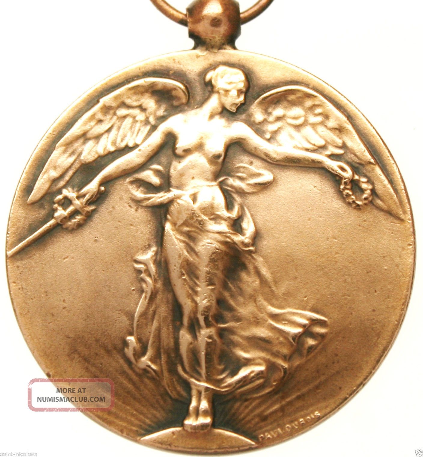 Antique Art Nouveau Victory Angel Of Wwi Bronze Art Medal Pendant By Paul Dubois Exonumia photo