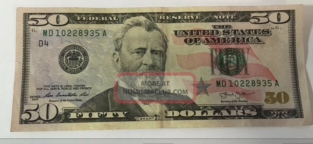 Fifty 50 Dollar Bill Us Paper Money $50 Federal Reserve Bank Note Circulated Small Size Notes photo
