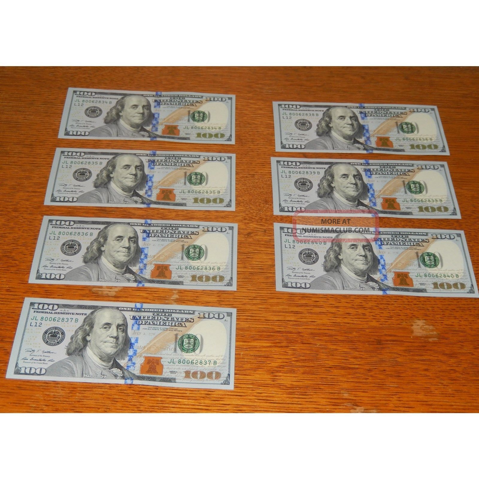 $100 Dollar Bills Seven (7) 2009 Unc Consecutive Serial No.  L12 Jl80062834b - 840b Small Size Notes photo