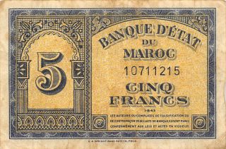 Morocco 5 Francs 1.  8.  1943 Circulated Banknote photo