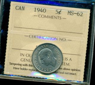 1940 Canada Nickel Five Cent,  Iccs Certified Ms - 62 photo