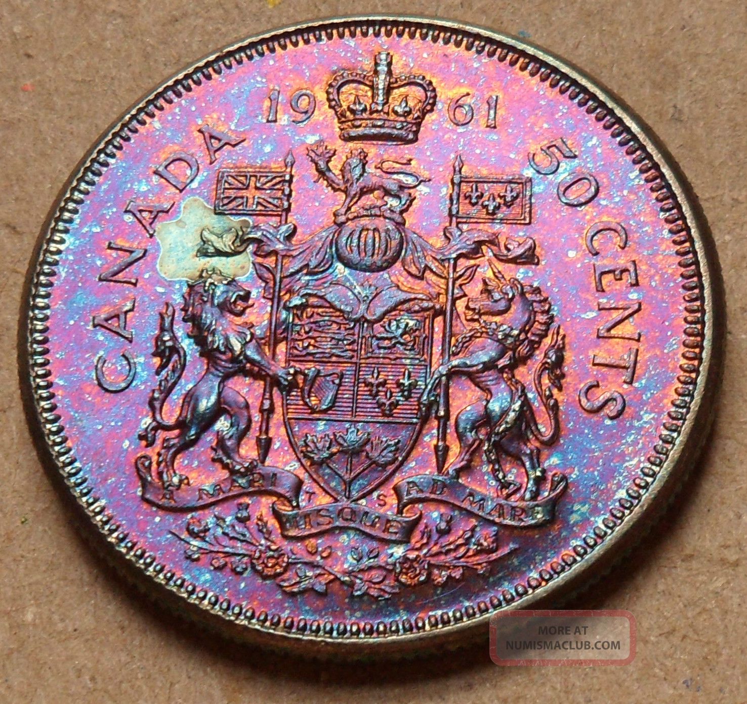 Unc Rainbow Toned 1961 Canada Silver Half Dollar 50 Cent Shield Historic Colour Coins: Canada photo