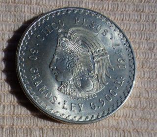 1947 Cinco Peso Mexico Cuauhtemoc 90 Silver Dollar - World Coin Crown Bu Mp26 photo