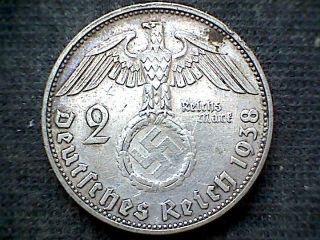 Germany Third Reich 1938 E 2 Reichsmark Hindenburg Swastika Silver photo