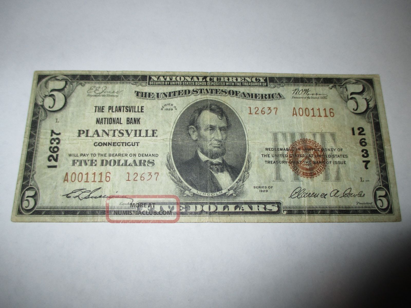$5 1929 Plantsville Connecticut Ct National Currency Bank Note Bill Vf 12637 Paper Money: US photo