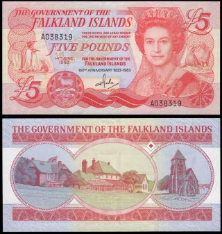 Falkland Islands Commemorative 5 Pound Note Queen Elizabeth Ii 1833 - 1983 Unc photo