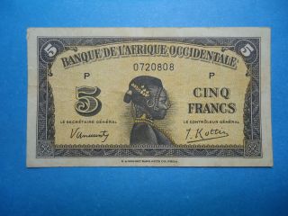 African Paper Money ФРАНЦУЗСКАЯ ЗАПАДНАЯ АФРИКА 5 ФРАНКОВ 1943 photo
