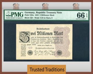 Tt Pk 104a 1923 Germany Republic Treasury Note 2 Millionen Mark Pmg 66 Epq Gem photo