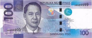 Philippine: 100 Pesos Ngc 2014a Pnoy - Tetangco Solid Serial Hr999999 photo