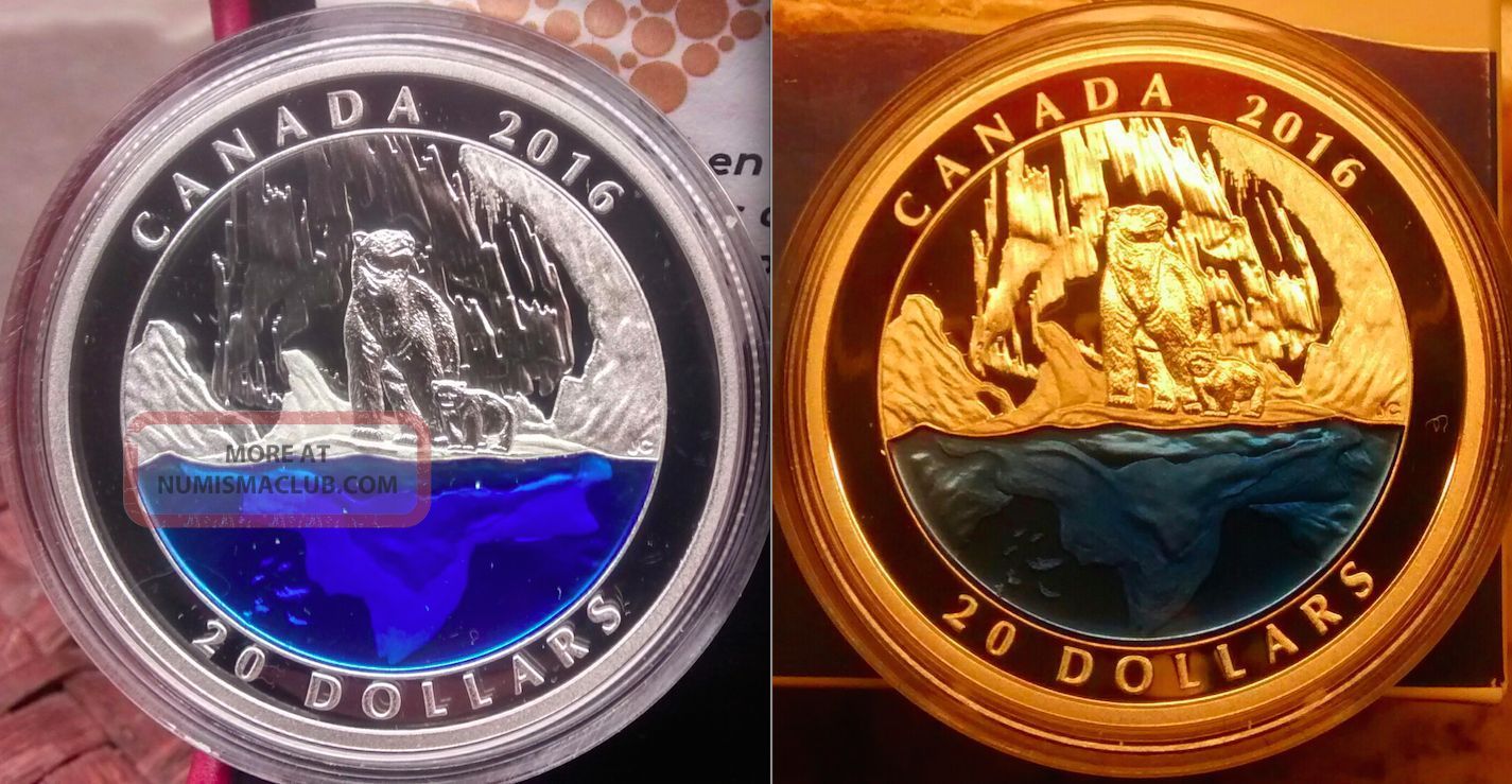 Polar Bear Blue Enamel $20 2016 Pure Silver Coin.  Northern Lights.  Master ' S Club Coins: Canada photo