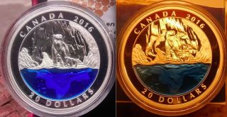 Polar Bear Blue Enamel $20 2016 Pure Silver Coin.  Northern Lights.  Master ' S Club photo