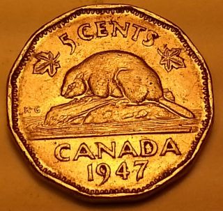 Error Nickel 1947 Doubling Of Legend Canada 5 Cent G35 photo
