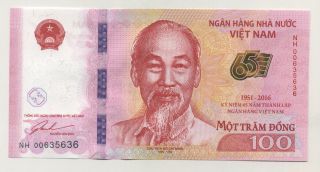 Viet Nam Vietnam 100 Dong 2016 Pick Unc Uncirculated Banknote 65th Anv photo