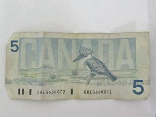 Canada $5 Bill Bonin Theissen,  Goe Serial Number photo