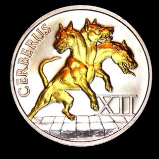 Hercules Three Headed Beast Called Cerberus Gilded 1 Ounce.  999 Pure Silver Coin photo