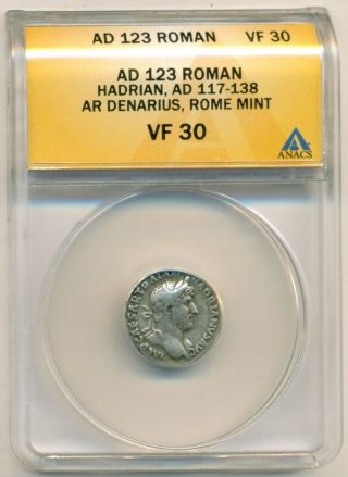 Roman Empire Hadrian Ad 117 - 138 Ar Denarius Rome Vf30 Anacs photo