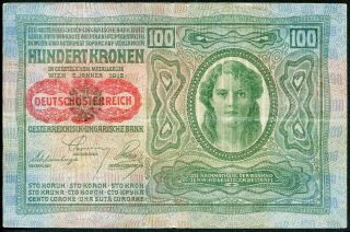 Austria 100 Kronen 1919 (old Date 1912) P - 55a Vf Circulated Banknote photo
