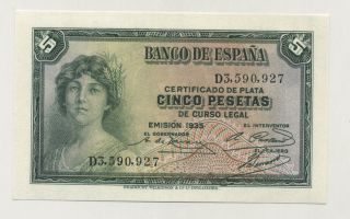 Spain España 5 Pesetas 1935 Pick 85.  A Unc Uncirculated Banknote photo