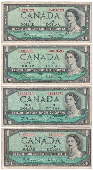 (4) One Dollar 1954 Canadian Bank Of Canada Note / Bill photo