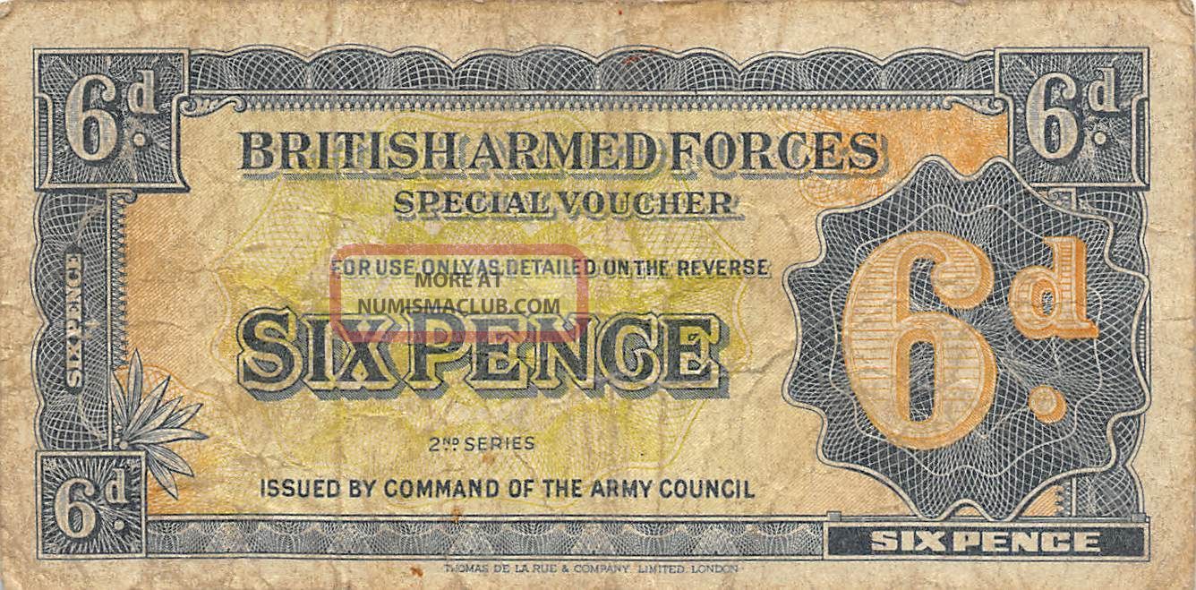 British Armed Forces 6 Pence 2nd.  Series Circulated Banknote,  E2 Europe photo