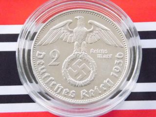 Rar German Coin 2 Mark Reichsmark 1936 G Silver Swastika Hindenburg 3rd Nazi Ww2 photo