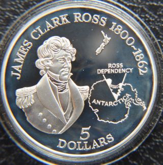 Zealand 5 Dollars,  1995,  James Clark Ross Antarctica Silver photo