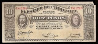 1915 10 Pesos Note Mexican Money Bill Billete Mexico De La Revolucion Chihuahua photo