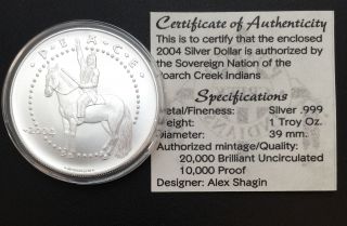2004 Poarch Creek Indians Peace 1 Troy Oz.  999 Silver Coin Bu W/coa photo