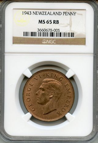 Zealand 1943 Issue King George Vi Penny Ngc Ms - 65 - Rb - Gem - Bu Coin. photo