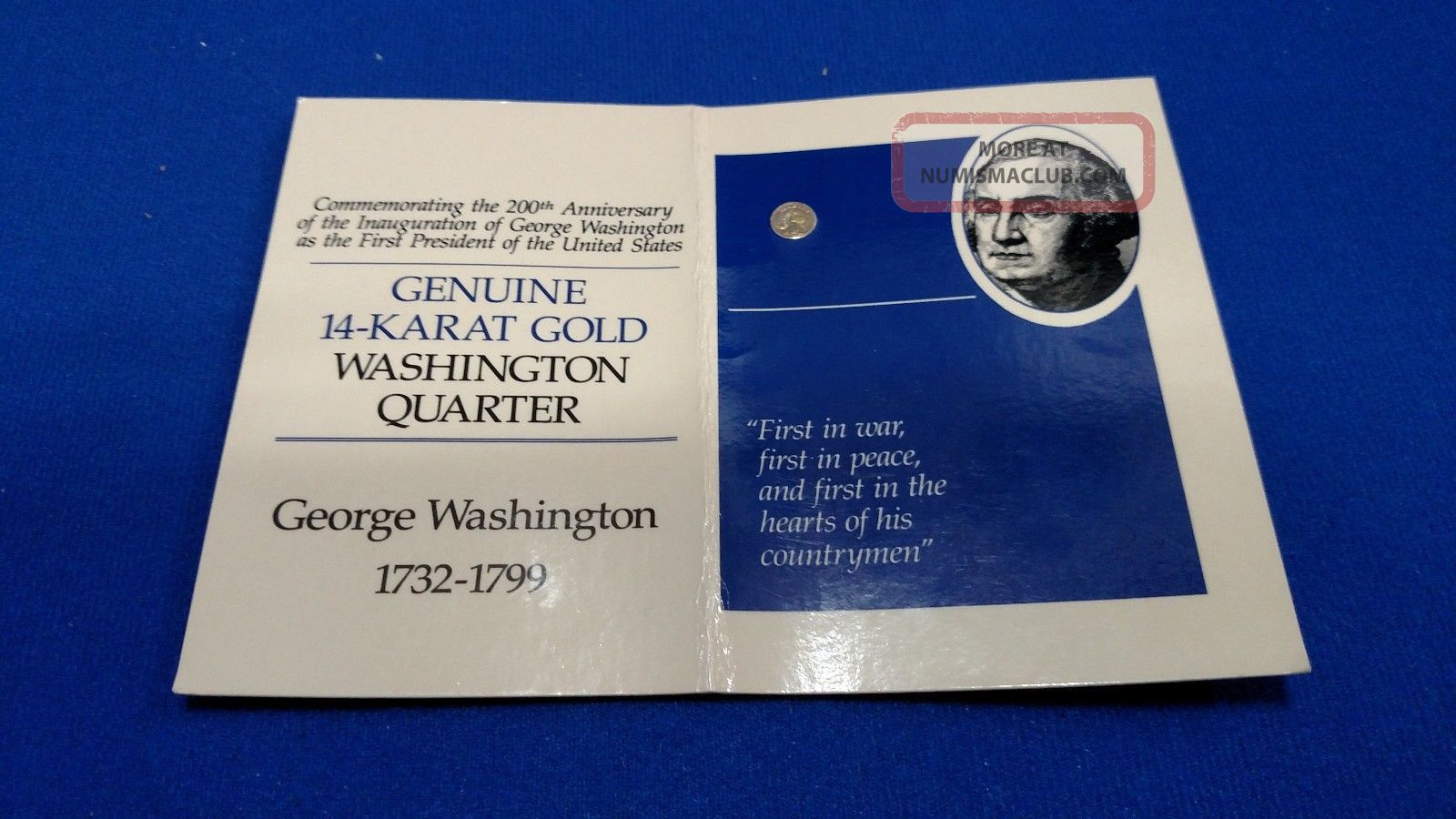 Commemorative 14k Solid Gold George Washington Quarter Card - 9mm.  3.  36gr Gold photo