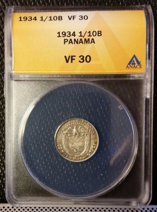 1934 Panama 1/10th Balboa 90 Silver Anacs Vf30 Key Date Coin photo