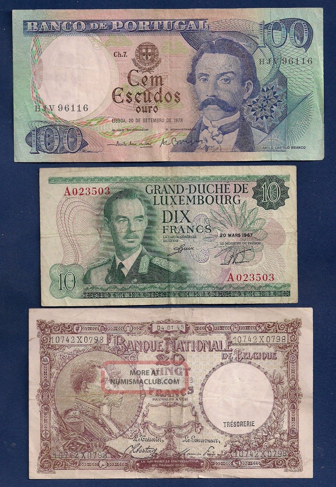 Portugal 100 Escudos,  Luxembourg 10 Fr 1967 P - 53,  Belgium 20 Francs 1945 Paper Money: World photo