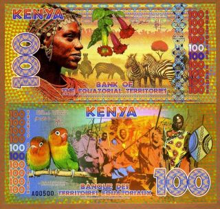 Equatorial Territories,  Kenya 100 E Francs Polymer 2015,  Unc Maasai,  Lovebirds photo