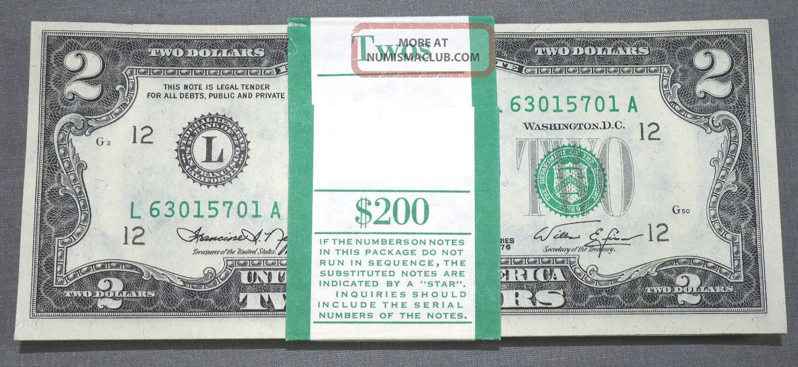 (100) 1976 Uncirculated Two Dollar $2 Bills - Sequential Banded San Francisco Ca Small Size Notes photo