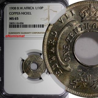 British West Africa Edward Vii 1908 1/10 Penny Ngc Ms65 First Year Type Km 3 photo