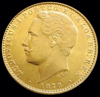 1878 Gold Portugal 10000 Reis Luiz I Coinage About Uncirculated Conditio photo