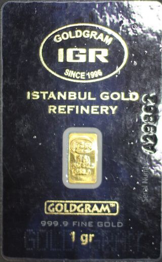 Gold Bar 1 Gram.  9999 Fine Istanbul Gold Refinery In Assay Card photo