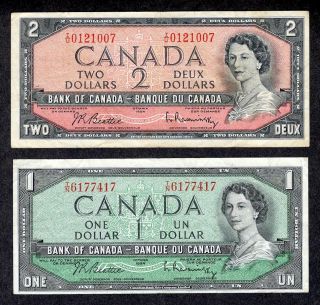 1954 $2.  00,  $1.  00 Bank Of Canada Old Paper Money One & Two Dollars photo