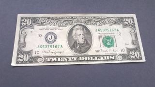 1990 $20 Twenty Dollar Bill Federal Reserve Note Kansas City,  Mo. photo
