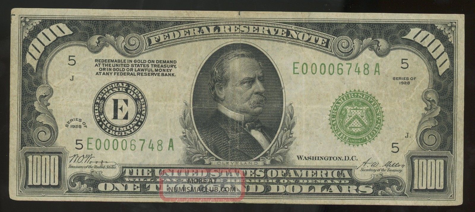 $1000 1928 Richmond Dark Green Seal Very Fine 5 Of 12 Gold Obligation Small Size Notes photo