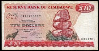 Zimbabwe 10 Dollars 1983 P - 3d Vf Signature: K.  Moyana Circulated Banknote photo