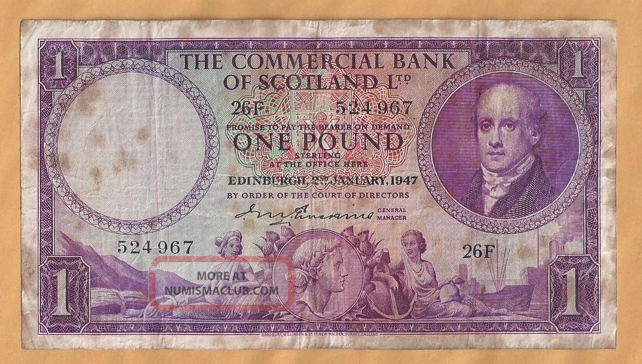 Scotland The Commercial Bank Of 1 Pound1947 Paper Money: World photo