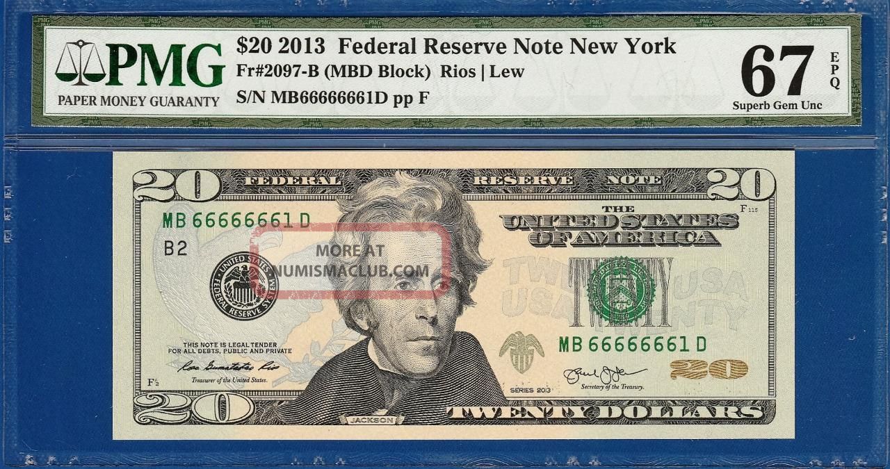 Fancy Serial 2013 $20 York - Pmg Gem Uncirculated Cu 67epq - C2c Small Size Notes photo