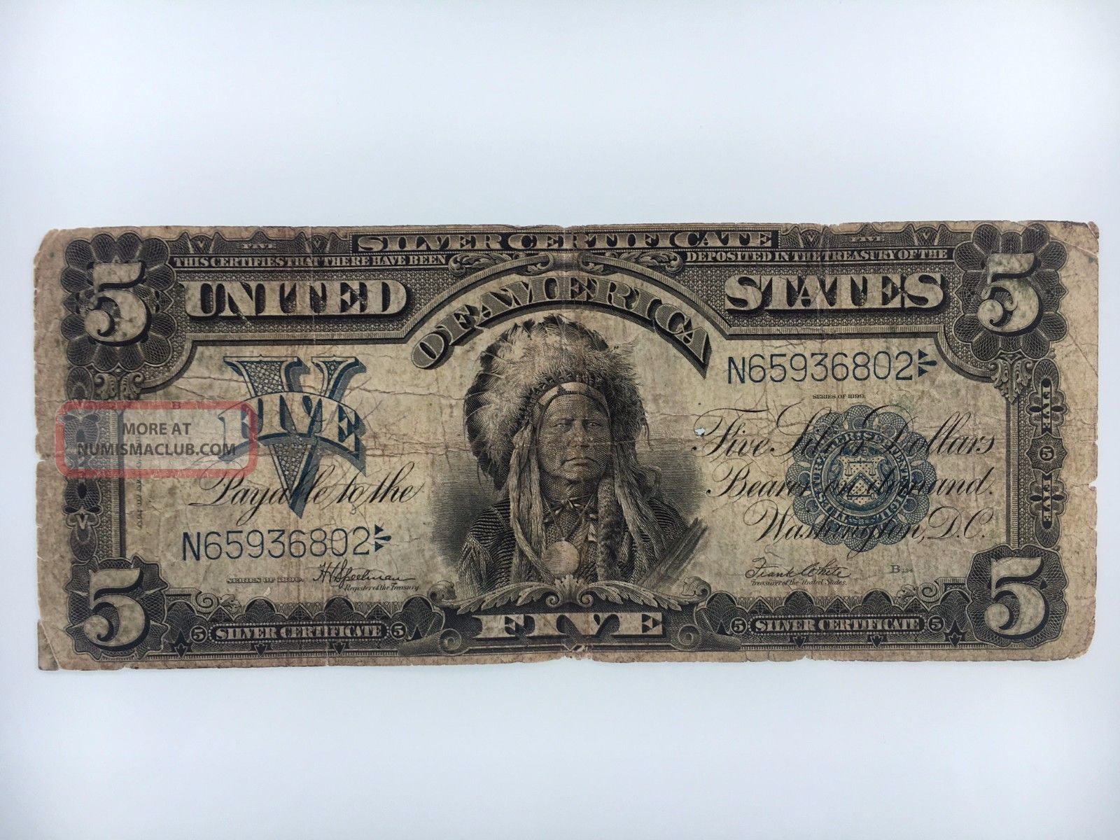 United States 1899 $5 Five Dollar Silver Certificate Indian Chief Large Size Notes photo