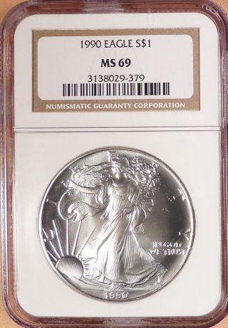 1990 American Silver Eagle Dollar Ngc Graded Ms69,  Brilliant Ase.  1 Oz Silver photo