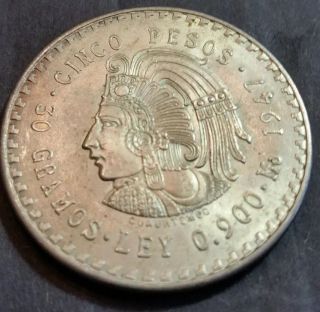 1947 Unc Mexican Chief Cuauhtemoc Cinco 5 Pesos 1 Oz 90 Silver Coin photo