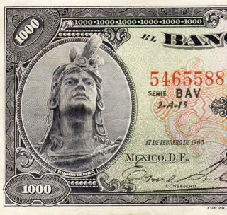 Mexico 1965 $1000 Pesos Cuauhtemoc Serie Bav (5465588) Note photo