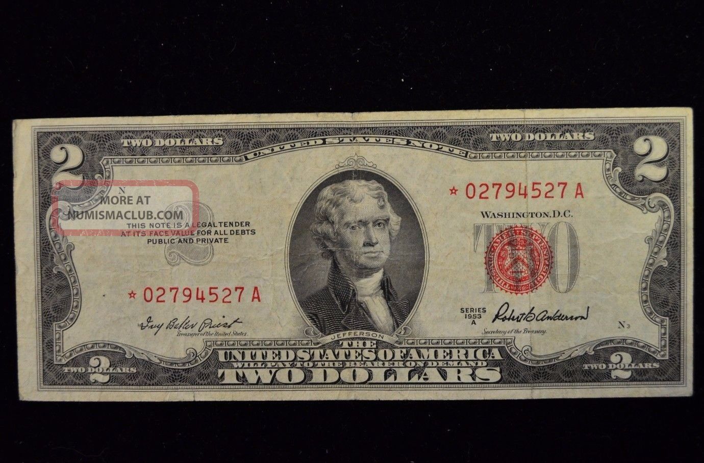 Series 1953a $2 Star Note Two Dollar Red Seal United States Note Small Size Notes photo