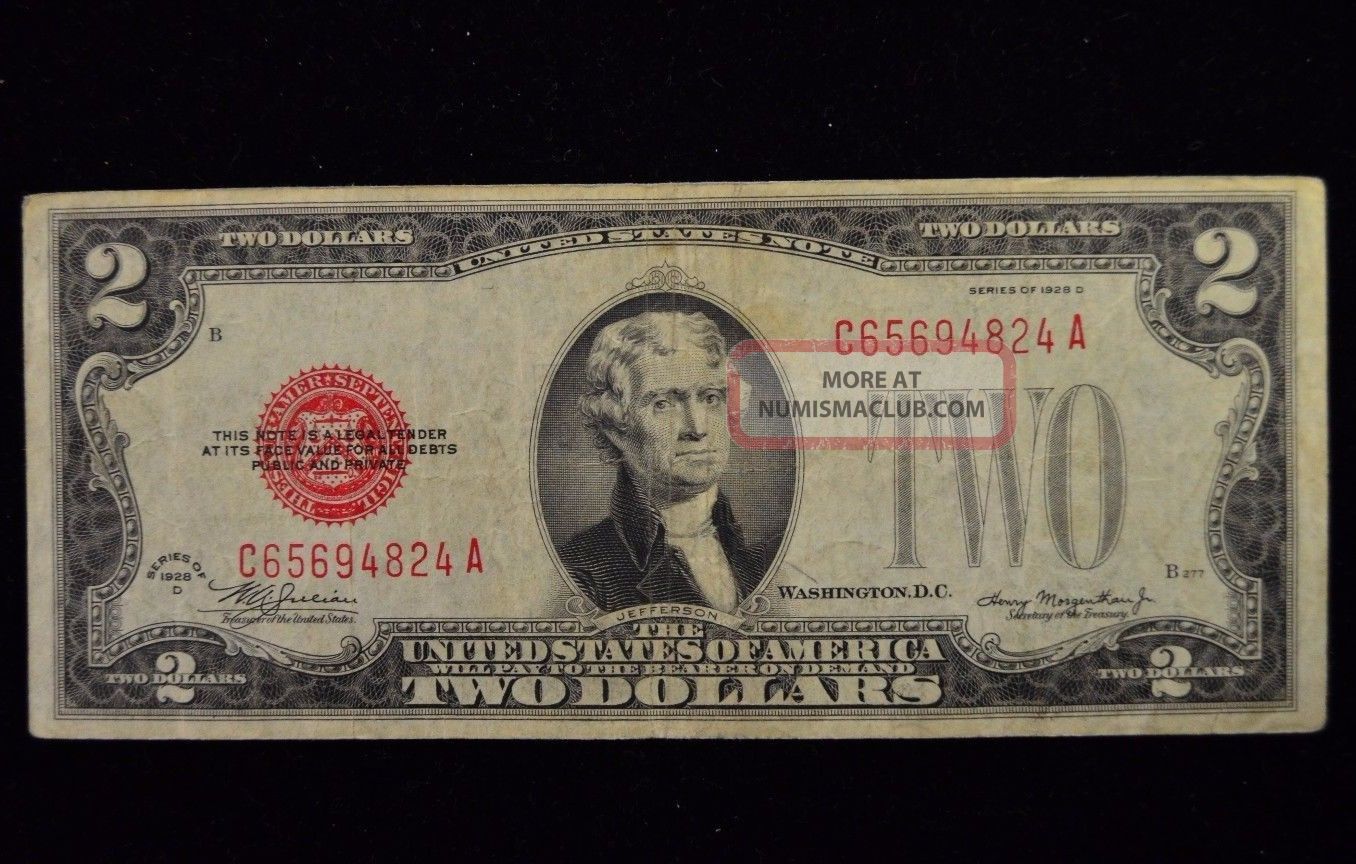 Series 1928 D $2 Two Dollar Red Seal United States Note Small Size Notes photo